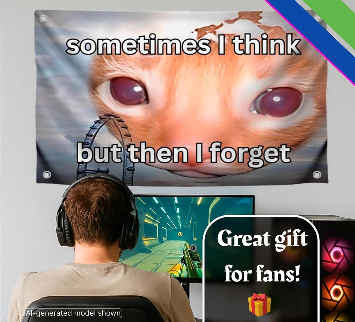 3x5 ft "Sometimes I Think But Then I Forget" Cat Meme Flag – Funny Dorm Wall Banner