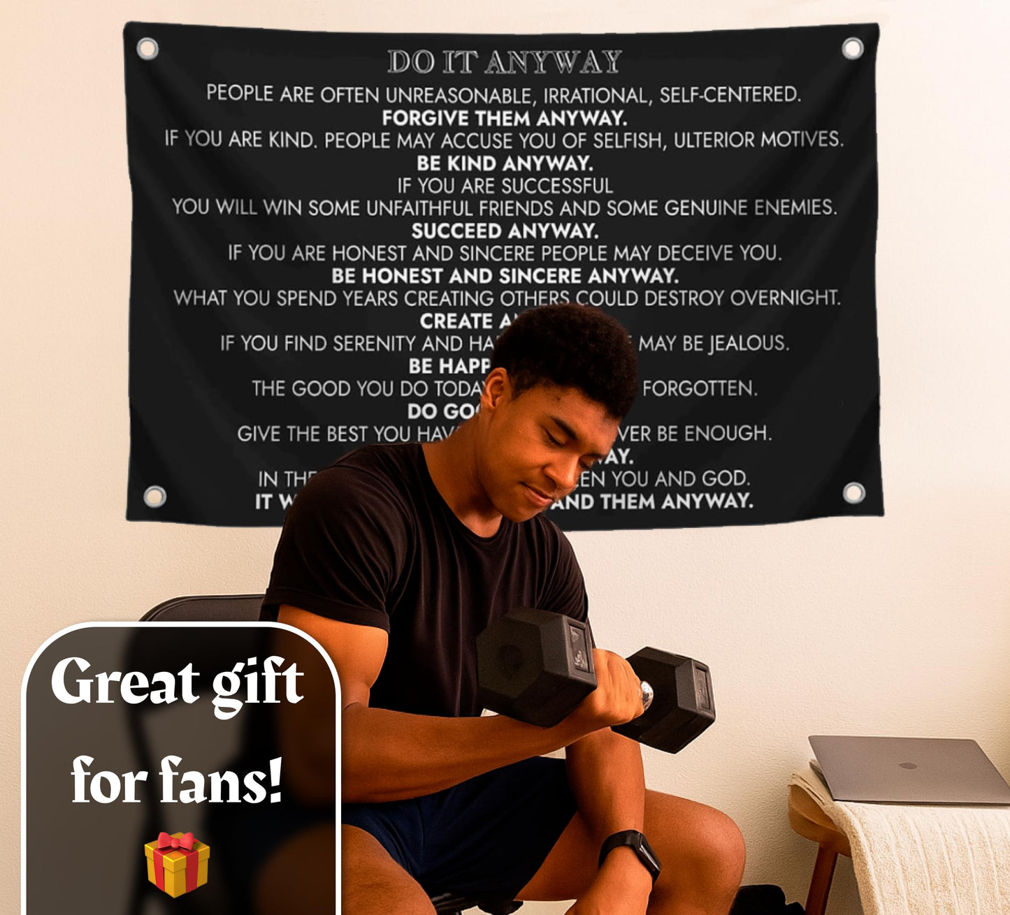 3x5 Ft Inspirational Quote Polyester Flag Do It Anyway with Four Brass Grommets - Black Office Wall Decor - Motivational Do It Banner for Home or Gym