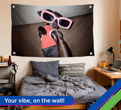 3x5 Feet Funny Flag with Small Dog in Rose Coloured Glasses Taking Selfie with Four Brass Grommets - Single Sided Meme Flag for College Dorm