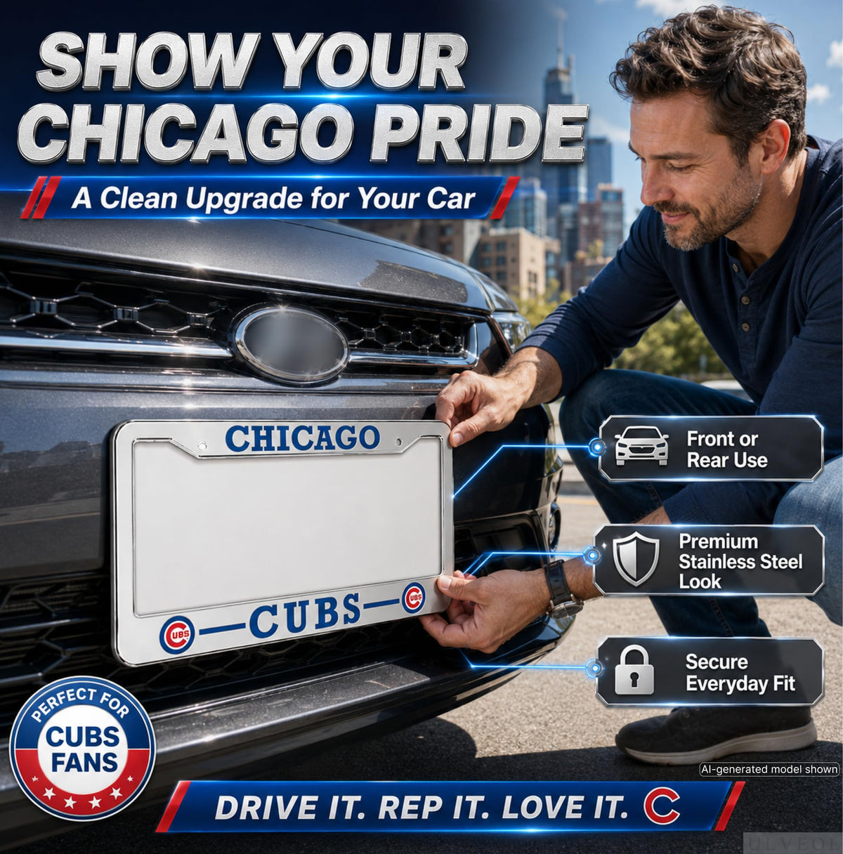 12.4x6.4 in Chicago License Plate Frame – Stainless Steel, Fits Standard US Plates