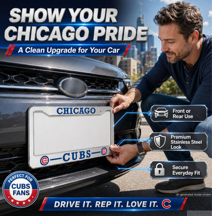 12.4x6.4 in Chicago License Plate Frame – Stainless Steel, Fits Standard US Plates