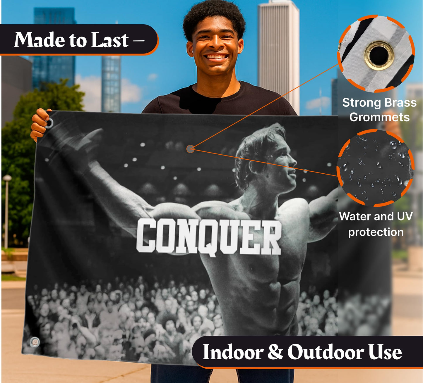 Conquer Single Sided Flag for Schwarzenegger 3x5 Ft Polyester Banner with Four Grommets - Funny Gym Motive Poster and Fitness - Arnold Durable Man