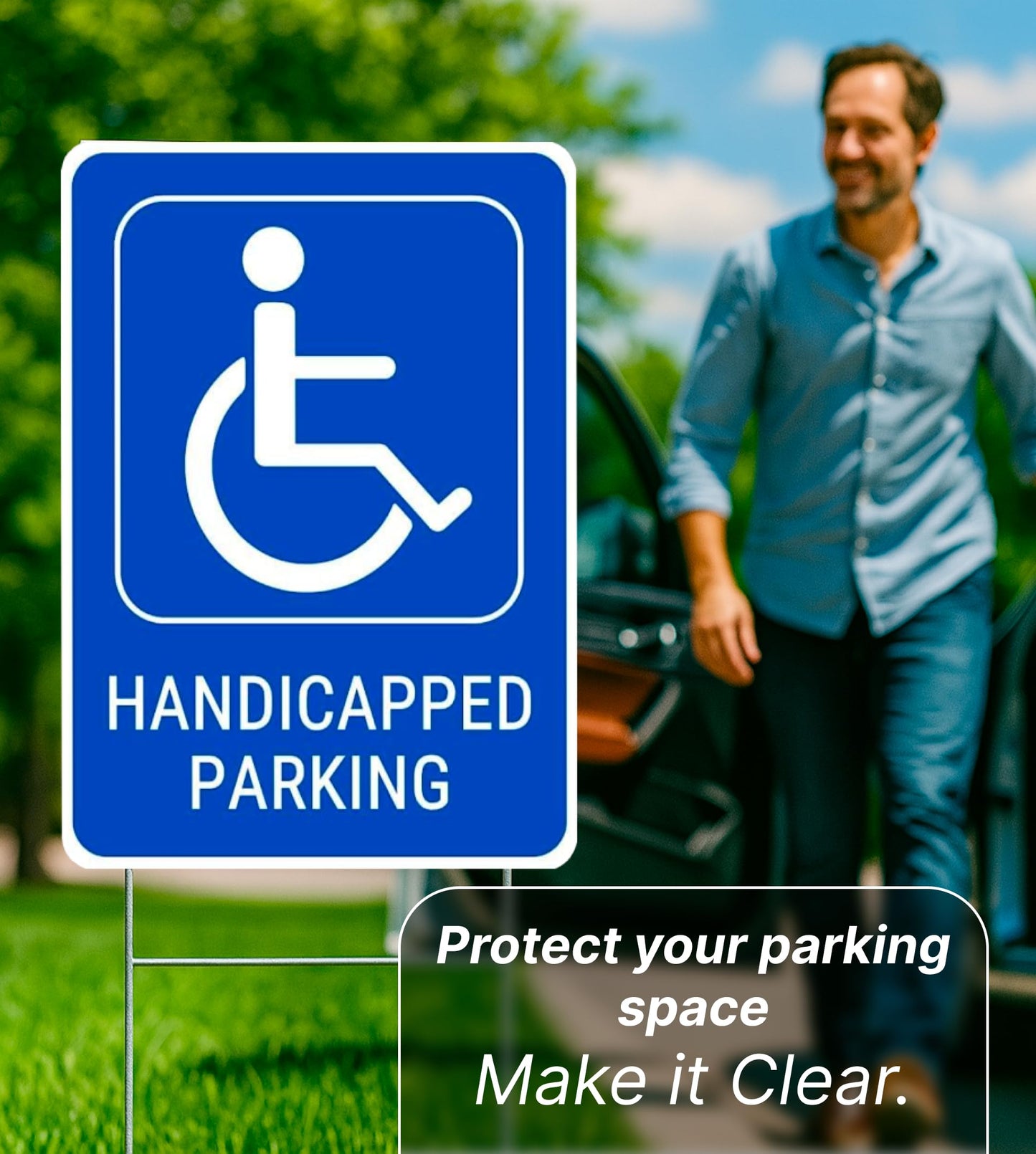 Set of 3 Handicapped Parking Sign with Metal Wire H-Stakes - Double Sided Plastic Reserved Parking Signs.12x16 Inches Yard for Handicapped Only Signs
