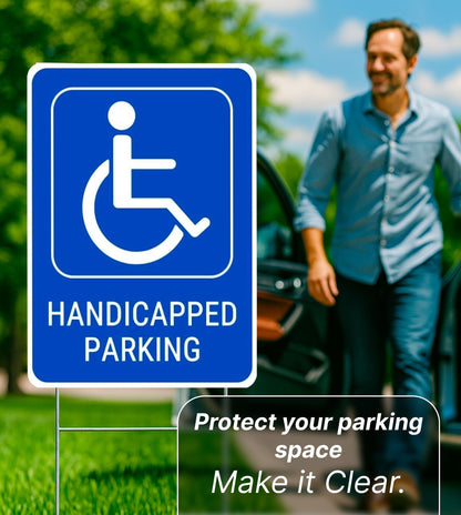 Set of 3 Handicapped Parking Sign with Metal Wire H-Stakes - Double Sided Plastic Reserved Parking Signs.12x16 Inches Yard for Handicapped Only Signs