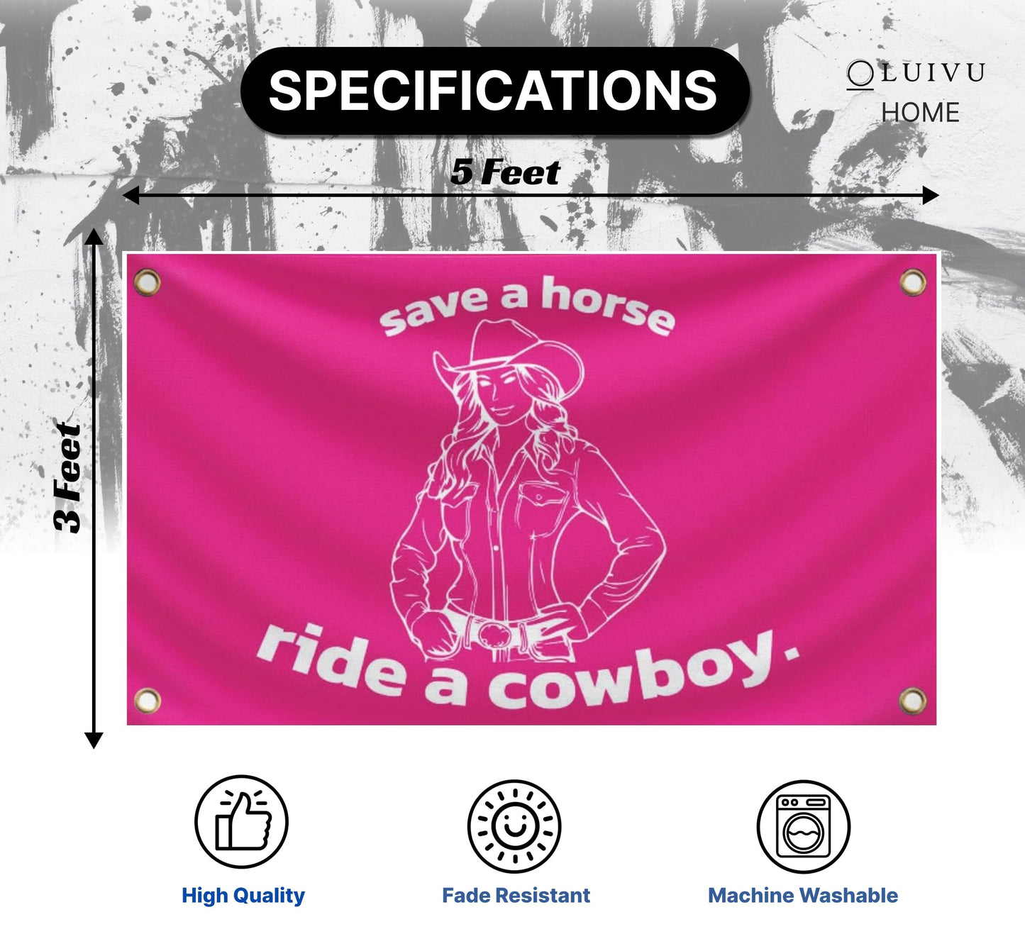 3x5 Feet Save a Horse Ride a Cowboy Flag - Pink College/Dorm Room Flags - Funny Man Cave Wall Banner with Brass Grommets for Teen Girl Bedroom Living