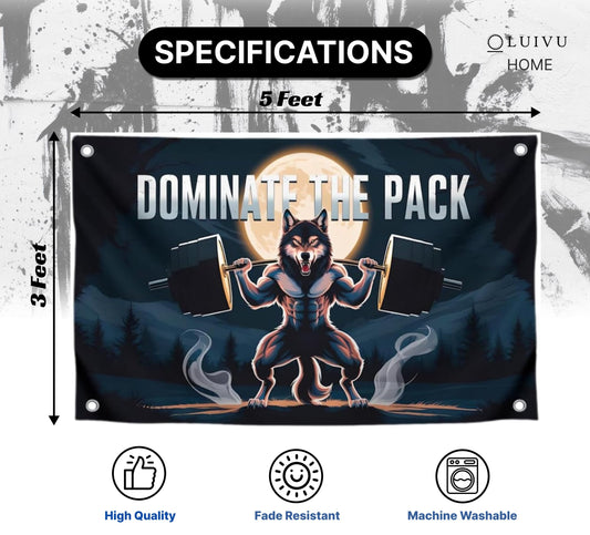 3x5 Feet Motivation Wolf Flag "Dominate The Pack" with Four Brass Grommets - Inspirational Banner with Cool Motivation - Motivational Gym Banner