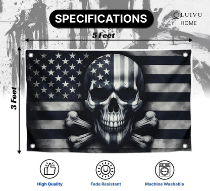 3x5 Feet Skull And Crossbones Polyester Flag with 4 Brass Grommets - American Pirate Banner For Man Cave - Black and White Grey American Single Sided