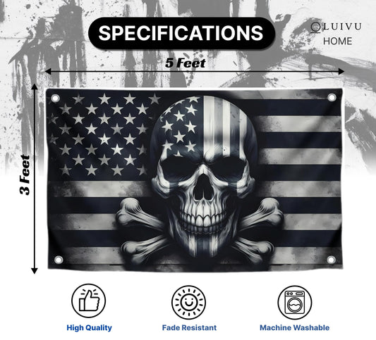 3x5 Feet Skull And Crossbones Polyester Flag with 4 Brass Grommets - American Pirate Banner For Man Cave - Black and White Grey American Single Sided