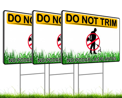 Set of 3 Do Not Trim Yard Sign with Metal Stake 12x8 Inches - Double Sided No Podar Las Plantas sign for Outdoor or Indoor