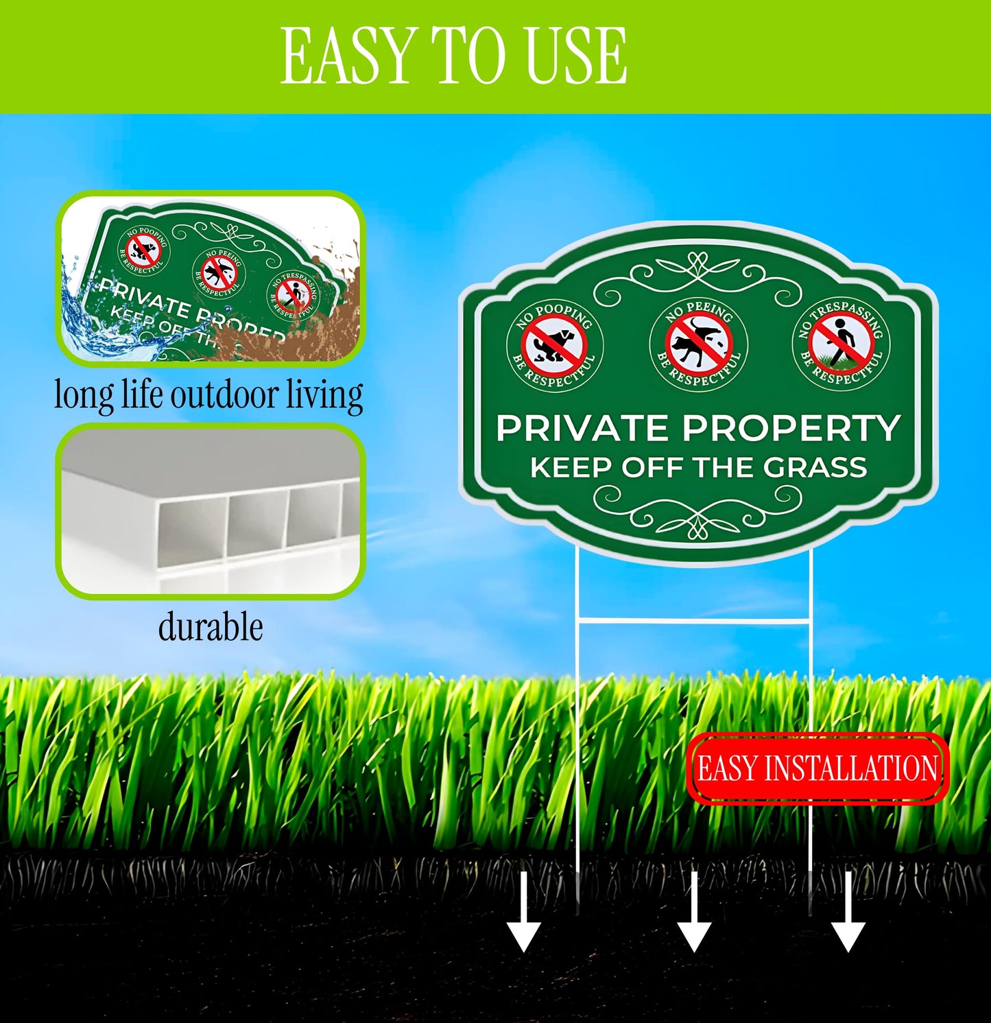 3X Double Sided 12x16 Inches Private Property Keep Off The Grass Yard Plastic Signs with Metal Stakes