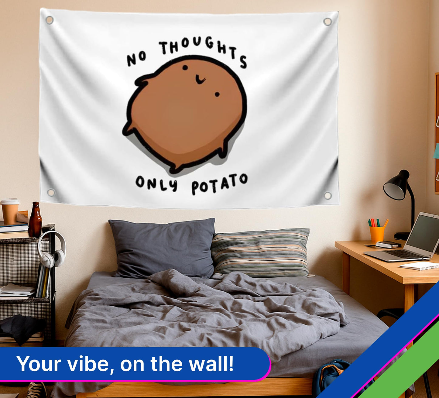 3x5 Feet Potato Meme Flag with Quote No Thoughts Only Potato with Four Brass Grommets.Single Sided Polyester Funny Banner for Wall Bedroom Decoration