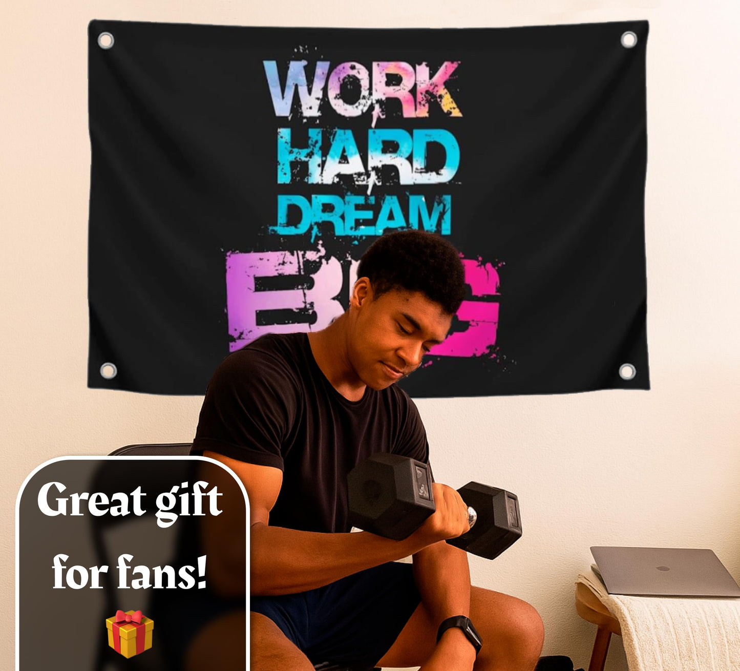 3x5 Feet Black Motivation Quoted Polyester Flag "Work Hard Dream Big" with Four Brass Grommets - Large Motivational Quote Wall Flag for Home Gym Decor