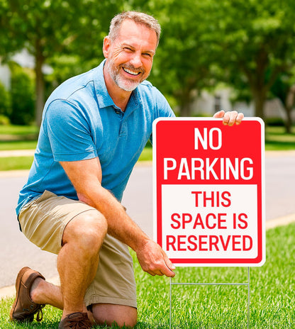 Set of 3 Double Sided 12x16 Inches No Parking This Space Is Reserved Sign with Metal Wire H-Stakes.Plastic Reserved Parking Indoor or Outdoor Sign Use
