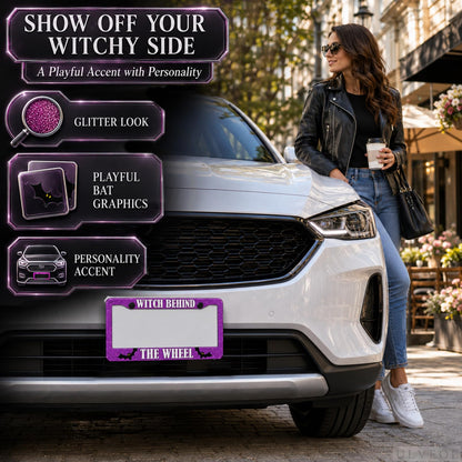 6x12 in Witch Behind The Wheel License Plate Frame – Pink Glitter
