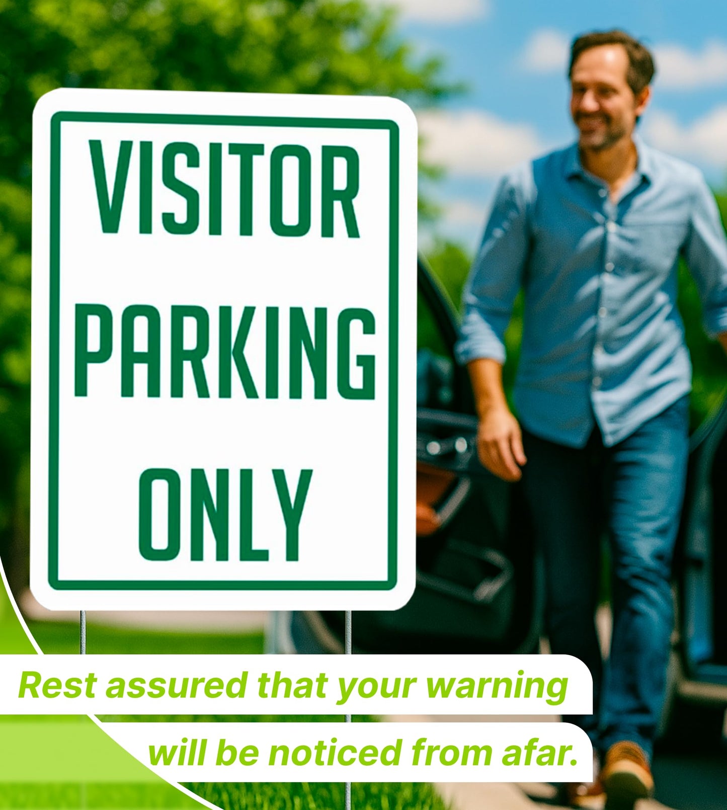 Set of 3 Double Sided 12x16 Inch Plastic Sign "Visitor Parking Only" with Metal H-Stakes - Plastic Parking Signs Green on White