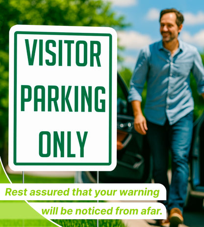 Set of 3 Double Sided 12x16 Inch Plastic Sign "Visitor Parking Only" with Metal H-Stakes - Plastic Parking Signs Green on White