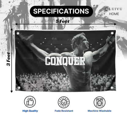 Conquer Single Sided Flag for Schwarzenegger 3x5 Ft Polyester Banner with Four Grommets - Funny Gym Motive Poster and Fitness - Arnold Durable Man