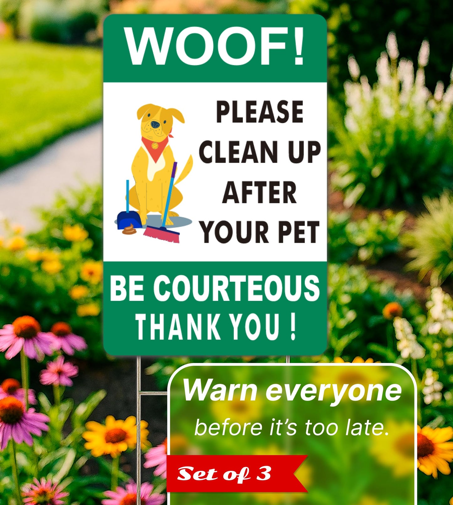 3X Double Sided 12x8 Please Clean Up After Your Pet Sign - Lawn Fun Pet Plastic Signs - Signs to Curb Your Dog with Metal H-Shaped Stakes