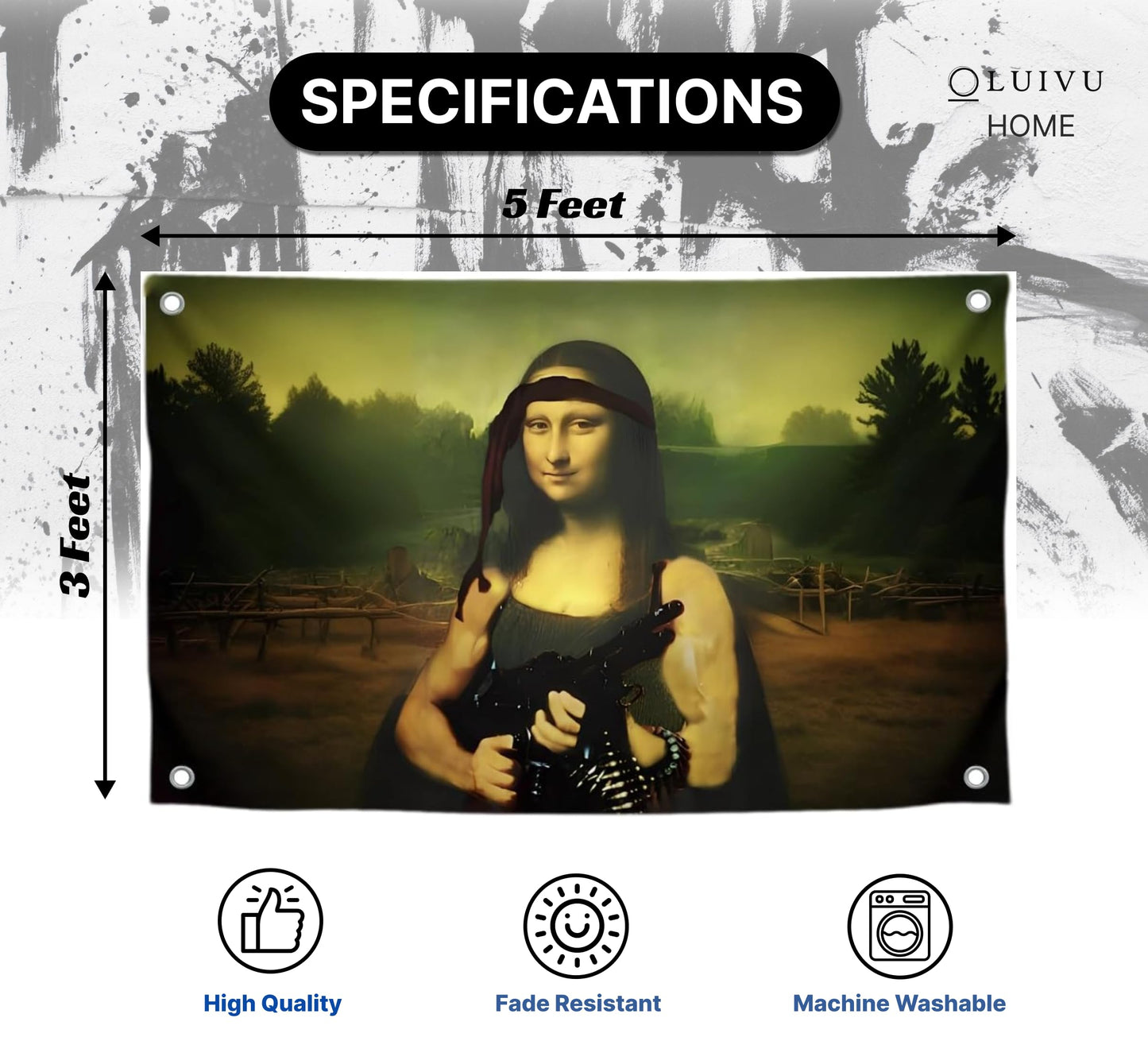 3x5 Feet Tapestry Flag Mona Lisa with a Machine Gun with Four Brass Grommets - Cool Flags for Decor Boys Room