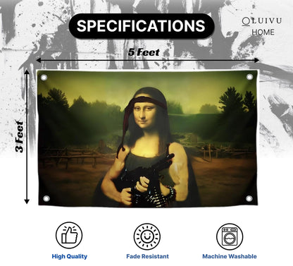 3x5 Feet Tapestry Flag Mona Lisa with a Machine Gun with Four Brass Grommets - Cool Flags for Decor Boys Room