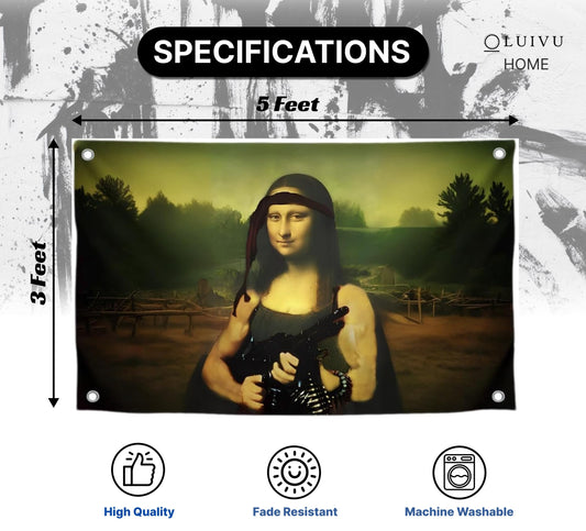 3x5 Feet Tapestry Flag Mona Lisa with a Machine Gun with Four Brass Grommets - Cool Flags for Decor Boys Room