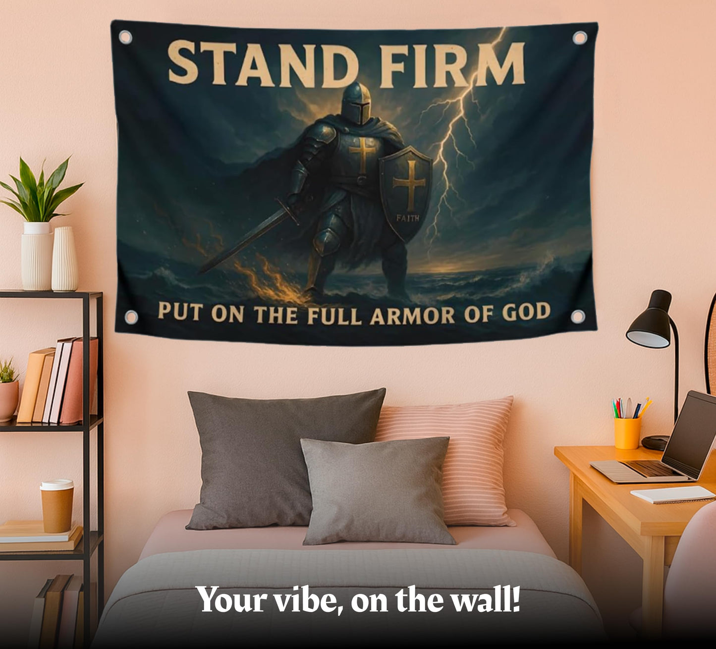 3x5 Feet Motivational Christian Flag Image Knight with Quote "Stand Firm – Put On the Full Armor of God" with 4 Brass Grommets - Single Sided Flag