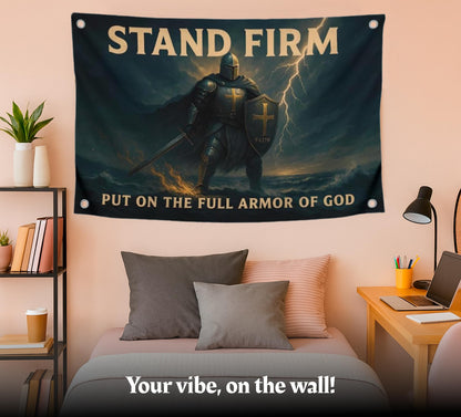 3x5 Feet Motivational Christian Flag Image Knight with Quote "Stand Firm – Put On the Full Armor of God" with 4 Brass Grommets - Single Sided Flag