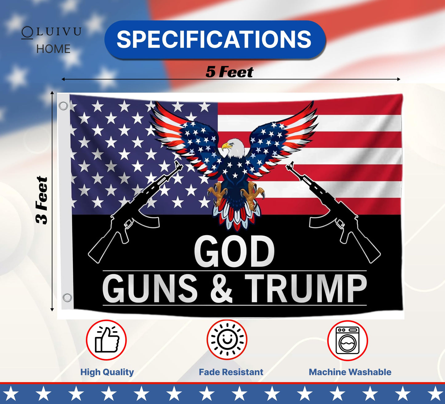 3x5 Feet God Guns And with Two Brass Grommet Polyester Single Sided Flag - US Americans American Eagle Flags. Republican Political Rebel Flags Outdoor