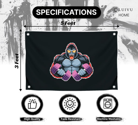 3x5 Feet Angry Gorilla Home Gym Decor Polyester Single Sided Flags with 4 Brass Grommets - Decor Fitness Workout Flag For Room