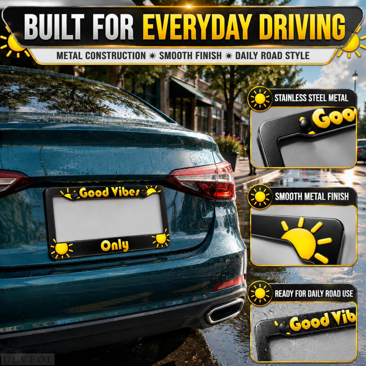 6x12 in Good Vibes Only Sunshine License Plate Frame – Black & Yellow