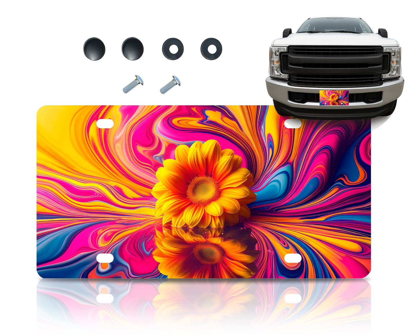 6x12.25 Inch Front Bright Sunflower in Water License for US Standard Plate Frame - Car Frames Abstract Reflection Wave Floral with 4 Holes and Screws