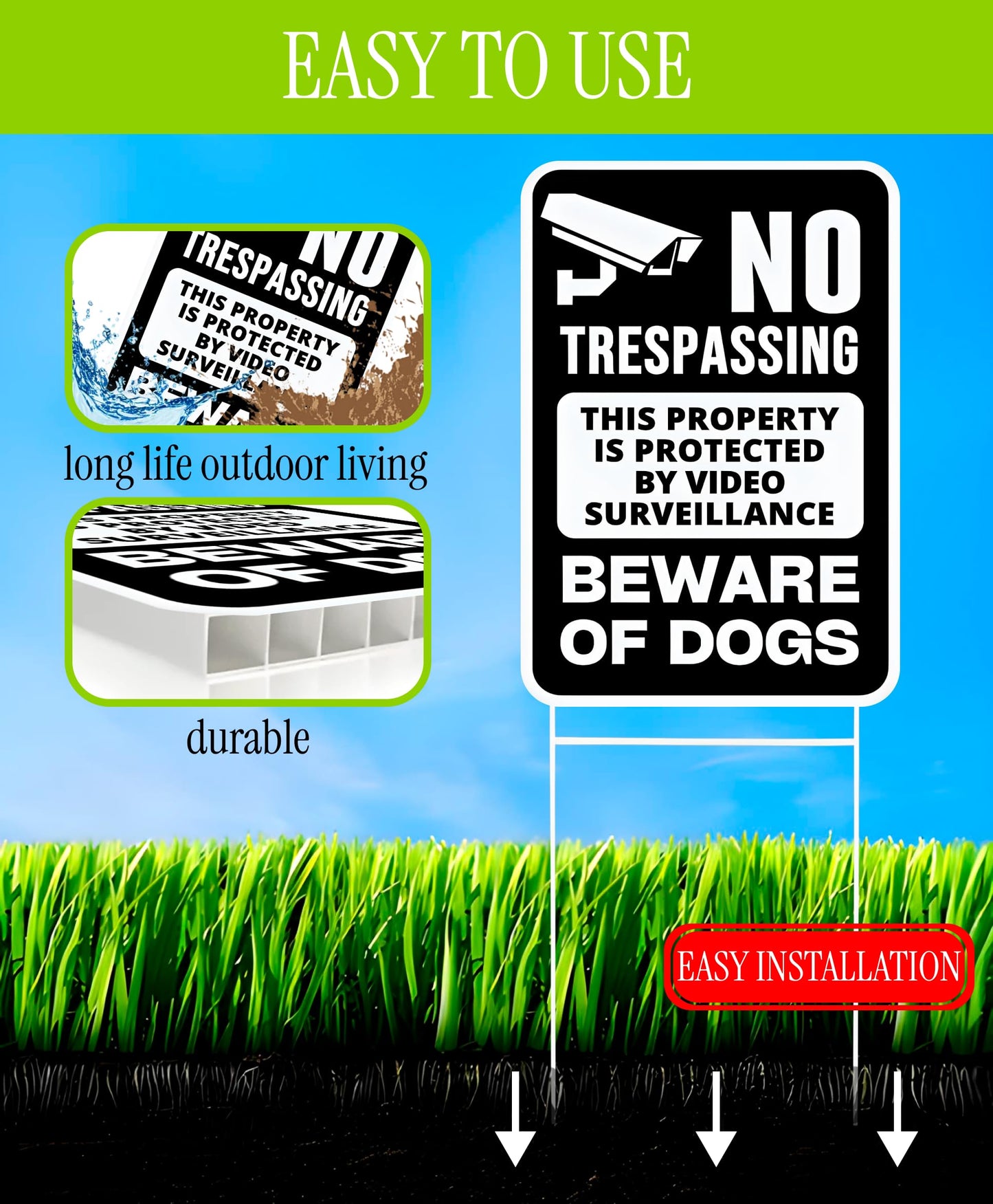 ULVEOL Set of 3 Double Sided 12x8 Inches Beware of Dog Plastic Sign with Metal Stakes. No Trespassing This Property Is Protected By Video Surveillance