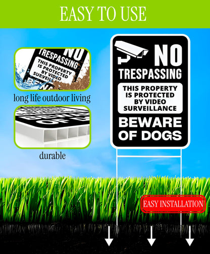 ULVEOL Set of 3 Double Sided 12x8 Inches Beware of Dog Plastic Sign with Metal Stakes. No Trespassing This Property Is Protected By Video Surveillance