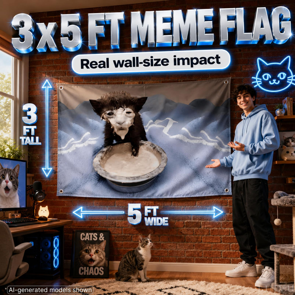 3x5 ft Smeared Black Kitten Meme Flag – Funny Cat Wall Banner