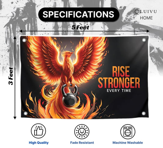 3x5 Feet Motivation Phoenix Quoted Flag "Rise Stronger Every Time" with Four Brass Grommets - Polyester Birds Yard Outdoor or Indoor Banner