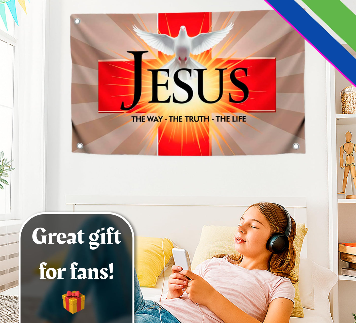 3x5 Ft Polyester Flag The Way - The Life with 4 Brass Grommets - Single Sided Banner with A Cross and A Dove for Wall Decoration