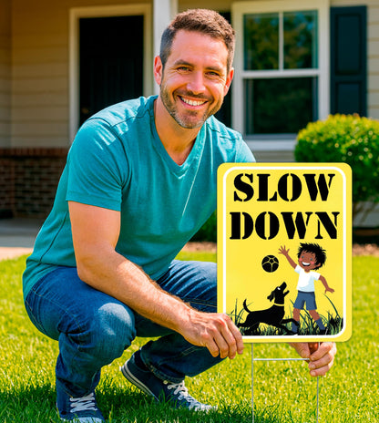 Set of 3 Double Sided 12x16 Inches "SLOW DOWN" Sign with Metal H-Stakes - Children at Play Safety Signs for Street