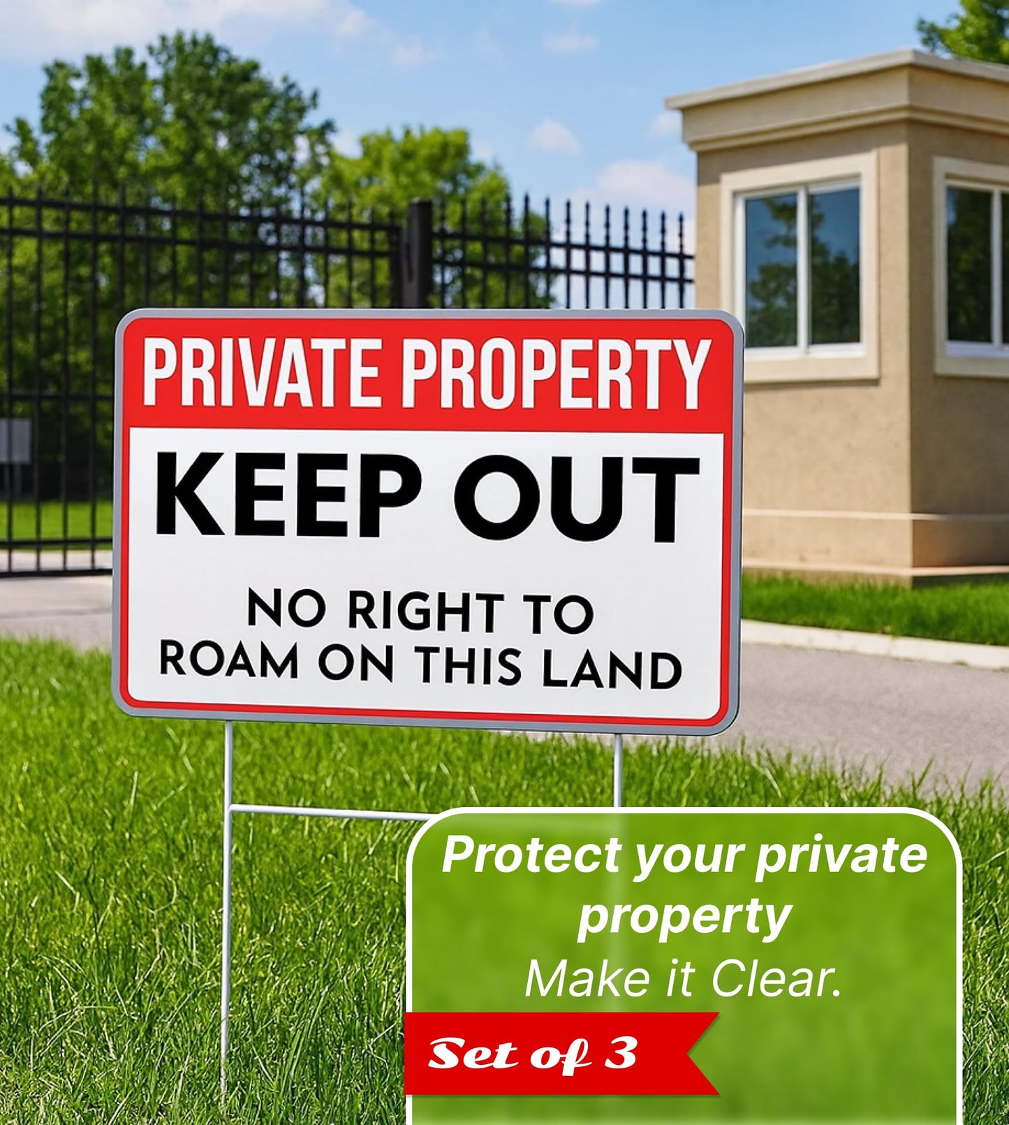 3X Private Property Plastic Sign with Stake - 12x8 Inches Keep Out Double Sided Signs - No Right to Roam On This Land - for Property Protection