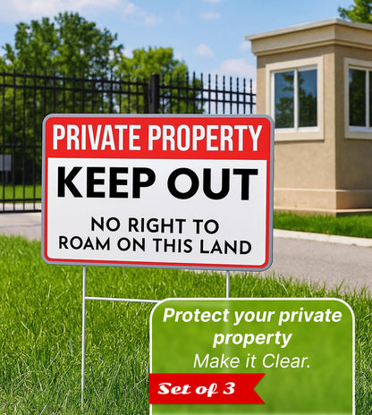 3X Private Property Plastic Sign with Stake - 12x8 Inches Keep Out Double Sided Signs - No Right to Roam On This Land - for Property Protection
