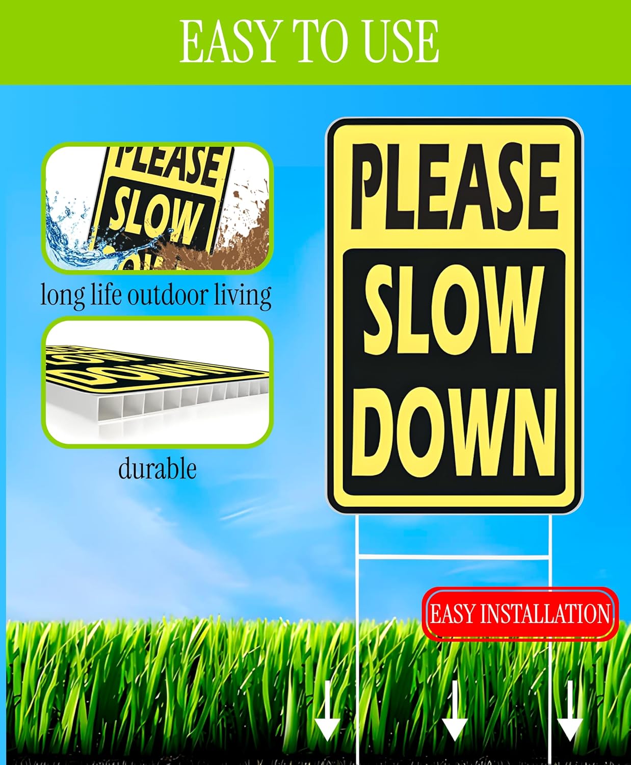 Set of 3 Double Sided 12x8 Inches Please Slow Down Signs with Stakes