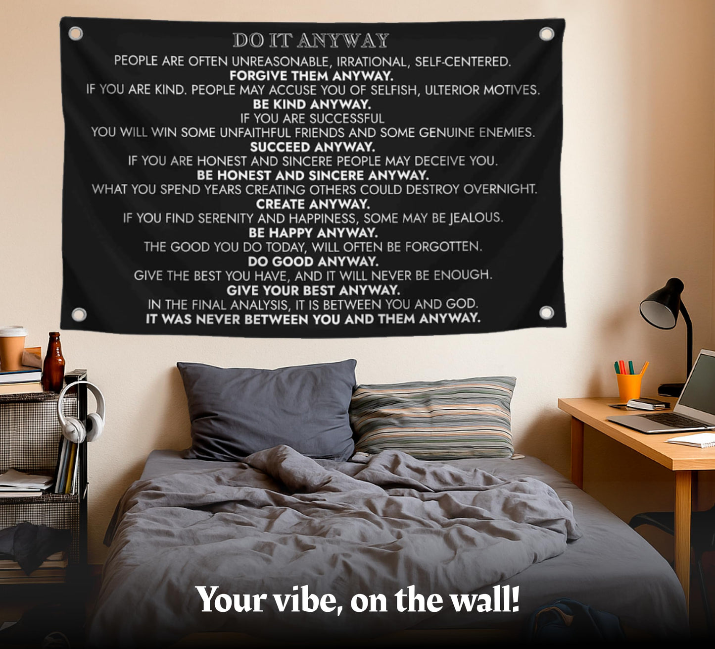 3x5 Ft Inspirational Quote Polyester Flag Do It Anyway with Four Brass Grommets - Black Office Wall Decor - Motivational Do It Banner for Home or Gym