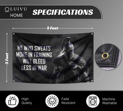 3x5 Ft Motivational Polyester Flag He Who Sweats More In Training Will Bleed Less In War with 4 Grommets - Improvement Wall Decor for Home or Gym