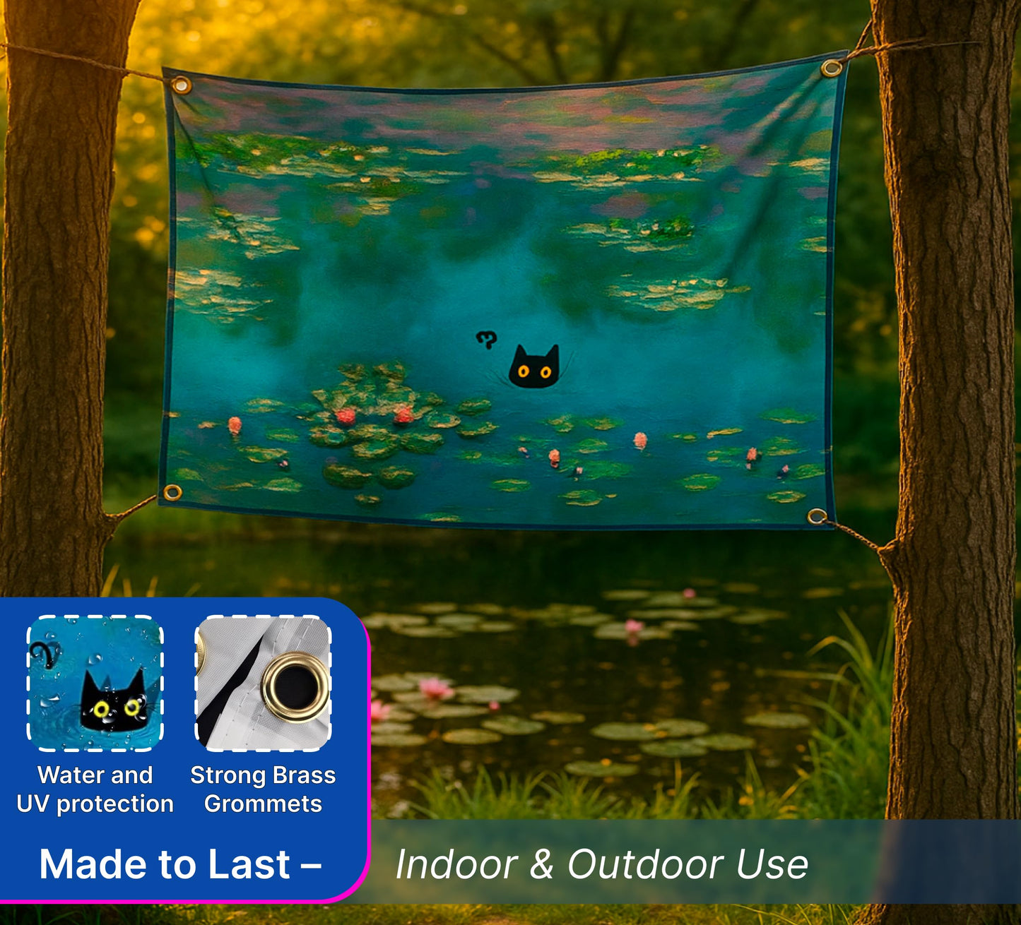 3x5 Ft Funny Water Lillies Black Cat Single Sided Flag with 4 Grommets - Tapestry Cat Floral Banner Abstract Farmhouse Gallery or Aesthetic Room Decor