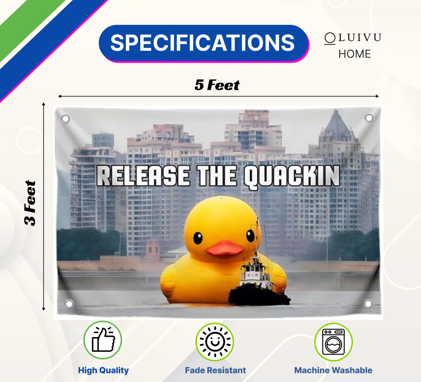 3x5 Feet Meme Flag with Quote "Release The Quackin" with Four Brass Grommets - Polyester Funny Flag with Duck on The Water