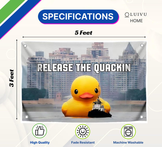 3x5 Feet Meme Flag with Quote "Release The Quackin" with Four Brass Grommets - Polyester Funny Flag with Duck on The Water