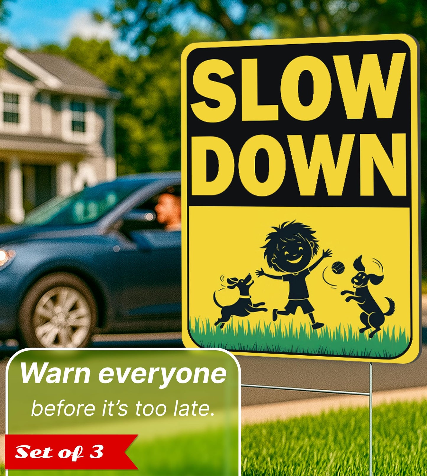 Set of 3 Double Sided 12x16 Inches "Slow Down" Sign with Metal H-Stakes - Caution Children at Play Plastic Signs for Avenue