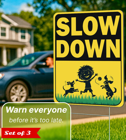 Set of 3 Double Sided 12x16 Inches "Slow Down" Sign with Metal H-Stakes - Caution Children at Play Plastic Signs for Avenue