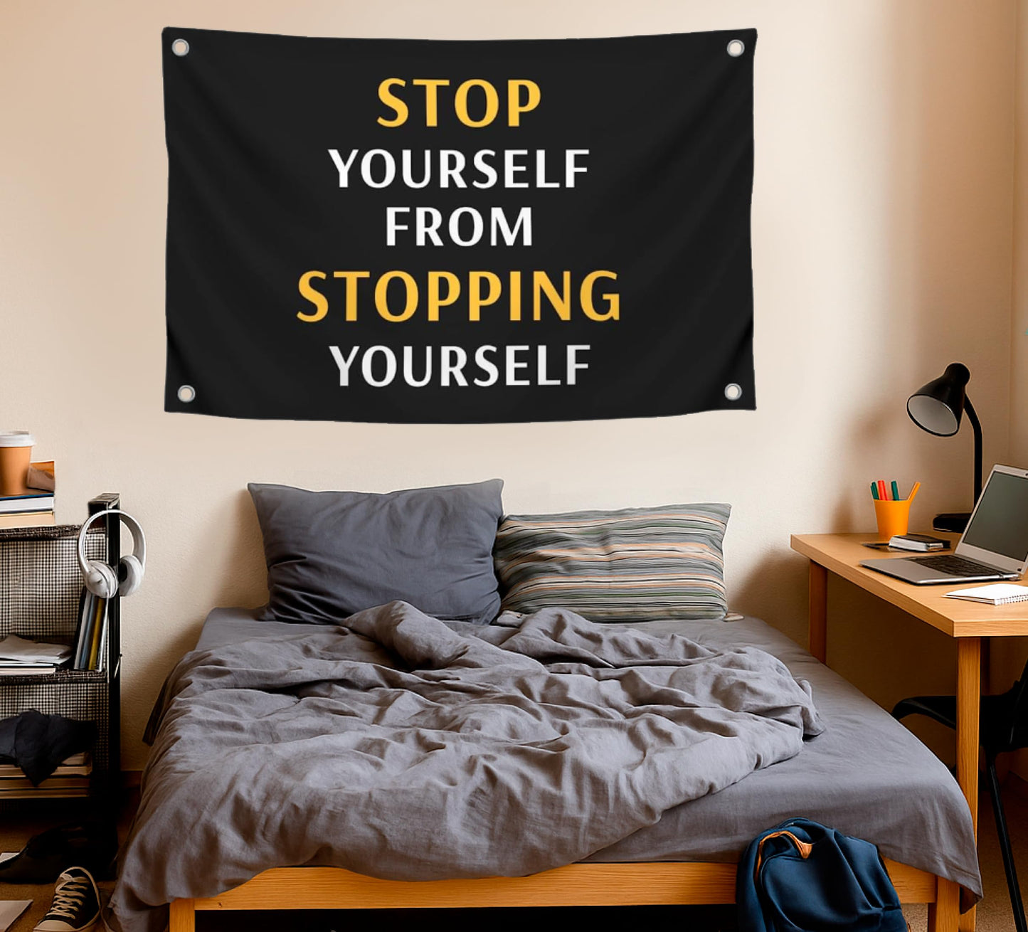 3x5 Feet Motivation Single Sided Flags with Quote "Stop Your Self From Stopping Yourself" with Four Brass Grommets - Inspirational Wall Banner for Gym