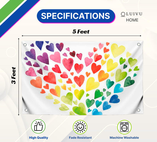 3x5 Polyester Flag with 4 Brass Grommets - Multicolored Hearts Single Sided Flags Forming A Giant Colorful Rainbow Inspired Heart Love