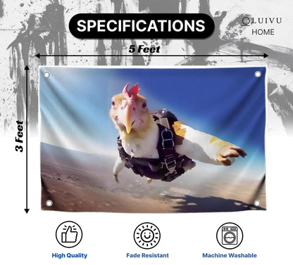 3x5 Feet Funny Polyester Flag with Flying Chicken with Four Brass Grommets - Meme Banner One Chicken Learned to Fly - Flag Who Says Chickens Can't